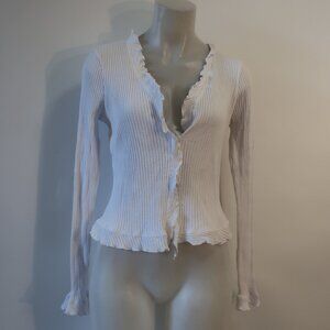 NWT Womens LAmade White Ribbed Ruffle Cardigan Sweater L